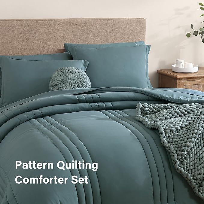 Monbix Super King Plus Size Comforter Set - 7 Pieces Blue Green Bed in a Bag Super King Plus Bedding Sets with Comforters, All Seasons Comforter Bed Set with Sheets,Pillowcases & Shams