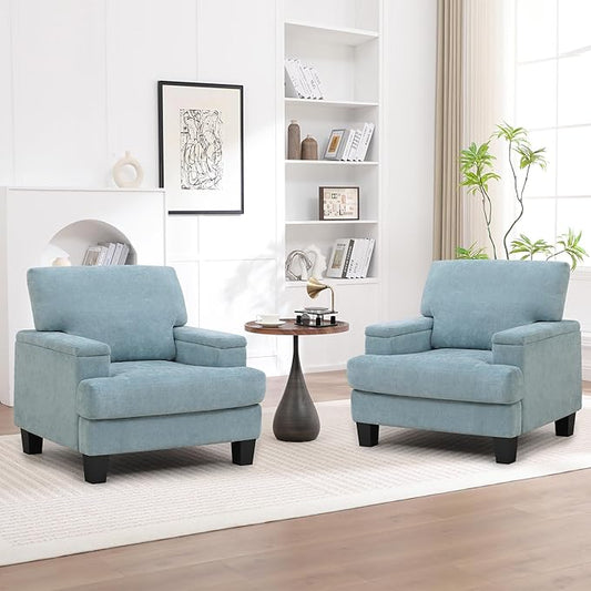 Oversized Accent Chair Set of 2 with Storage Armrest, Modern Upholstered Reading Living Room Chairs, Comfy Large Armchair, Fabric Single Sofa Chair for Bedroom (Green)