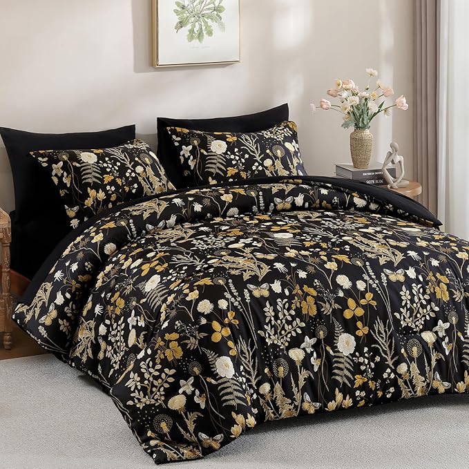 Yiran King Size Comforter Set, 7 Pieces Black Floral Soft Bedding Sets, King Bed in a Bag Brown Botanical Flowers Winter Comforter, Sheets, Pillowcases & Shams