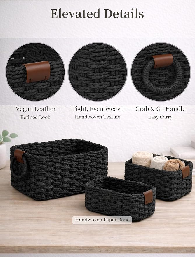 Storage Basket, Recycled Paper Rope Bathroom Basket Organizer, 3Pcs Small Baskets for Organizing, Mini wicker Basket for Decorative Storage Bins, Shelves, Bathroom, Cabinet - Black - Image 4