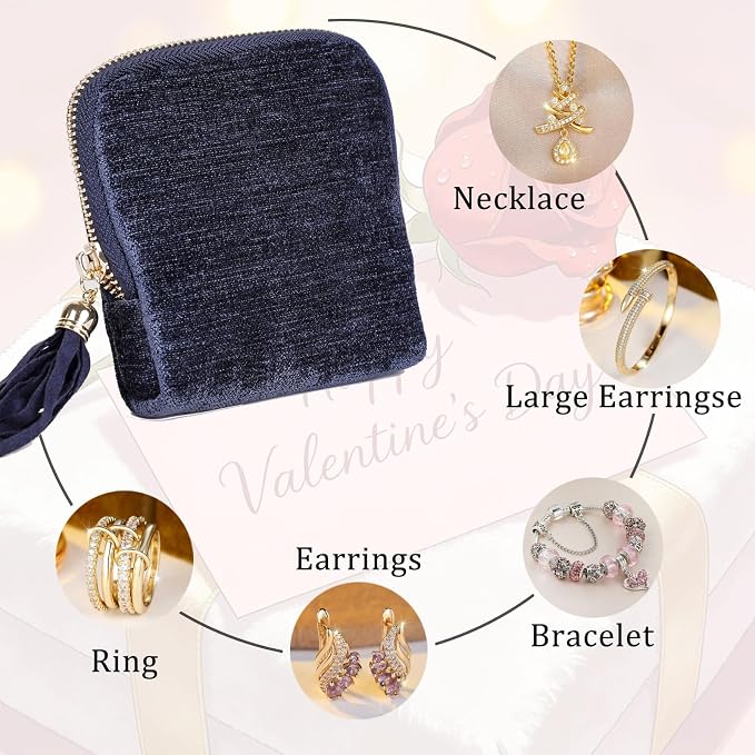 ASINGYER Travel Jewelry Storage Bag for Women, Velvet Portable Jewelry Organizer with Tassel Zipper, Small Pouches for Bracelets Necklaces Rings Earrings, Wedding Gift for Women (dark blue) - Image 4