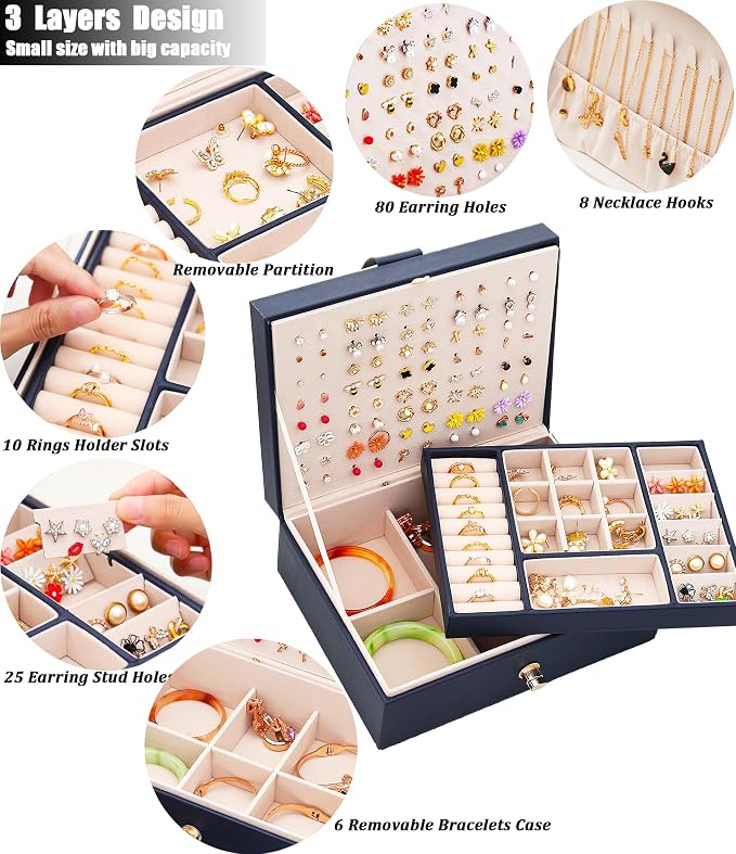 QBestry Womens Earring Jewelry Box for Girls Jewelry Earrings Organizer Box Earring Holder Organizer for Girls Jewelry Organizer Boxes for Women Girls Stud Earrings Organizers Jewelry Box Navy - Image 2