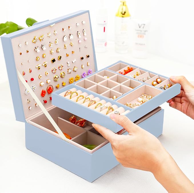 QBestry Girls Jewelry Box Earring Holder Organizer for Girls Jewelry Organizer Box Stud Earrings Organizer for Girls Womens Blue Jewelry Box for Earrings and Necklaces Rings Stud Earrings Box for Teen - Image 8