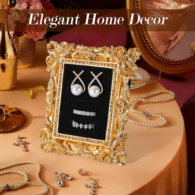 Vintage Ring Holder Rectangle Gold Velvet Display Stand - Baroque Jewelry Organizer Box Tray for Wedding Engagement Anniversary Women Birthday Christmas Gift Photograph Prop (MPF05-Gold Black) - Image 3