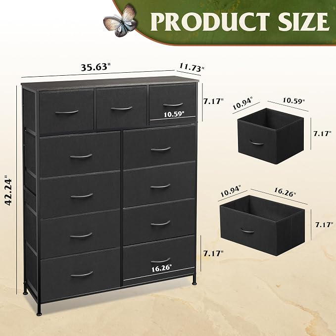 WLIVE Tall Dresser for Bedroom, Fabric Dressers Storage Tower, Dresser & Chest of Drawers Organizer Unit with 11 Drawers, Storage Cabinet, Hallway, Closets, Steel Frame, Wood Top, Charcoal Black - Image 3