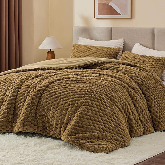 BEDELITE Fluffy King Size Comforter Set - Brown Fleece Soft Comforter for King Size Bed, Luxury Warm Bedding Set for Winter, Fuzzy Bed Set 3 Pieces (1 Comforter, 2 Pillowcases)