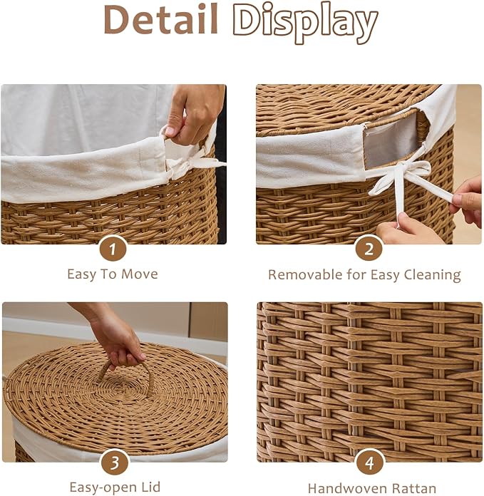 Round Wicker Laundry Hamper with Lid Handwoven Rattan Basket with Handles for Dirty Clothes, 2 Washable Liner Bags, No Assembly Required, Washable Basket, 60L - Image 5