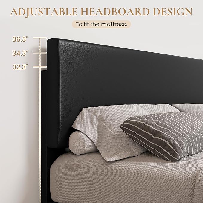 SHA CERLIN Black King Platform Upholstered Bed Frame with Faux Leather Adjustable Headboard,Wood Slats Support, No Box Spring Needed, Easy Assembly, Easy Clean Up