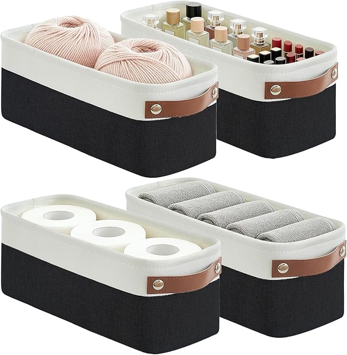 Bagnizer Small Fabric Storage Baskets, 15x6x5 inch Narrow Storage Bins 4-Pack Long Storage Basket for Organizing with Handles, Decorative Basket for Closets, Shelves, Toilet Paper, Black by Bagnizer