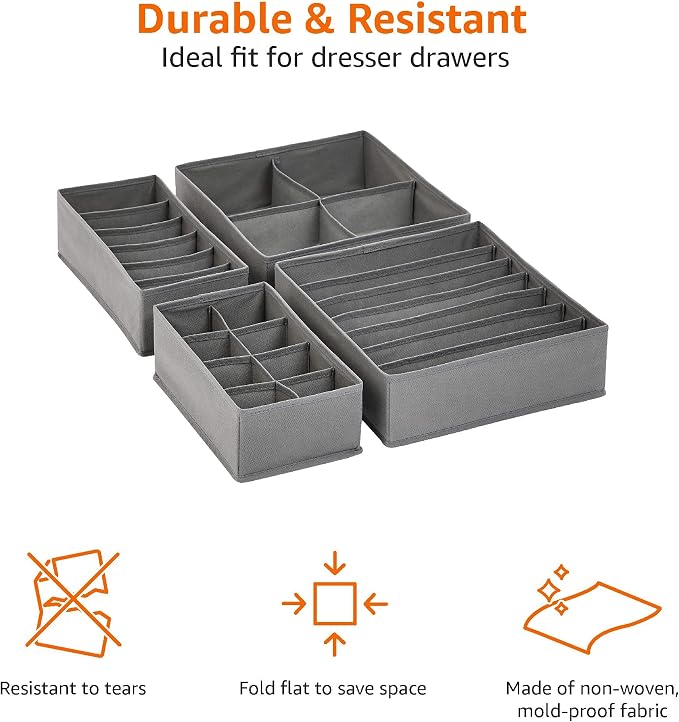 Amazon Basics Dresser Drawer Storage Organizer for Undergarments, Set of 4, Gray | Set of 4 - Image 3