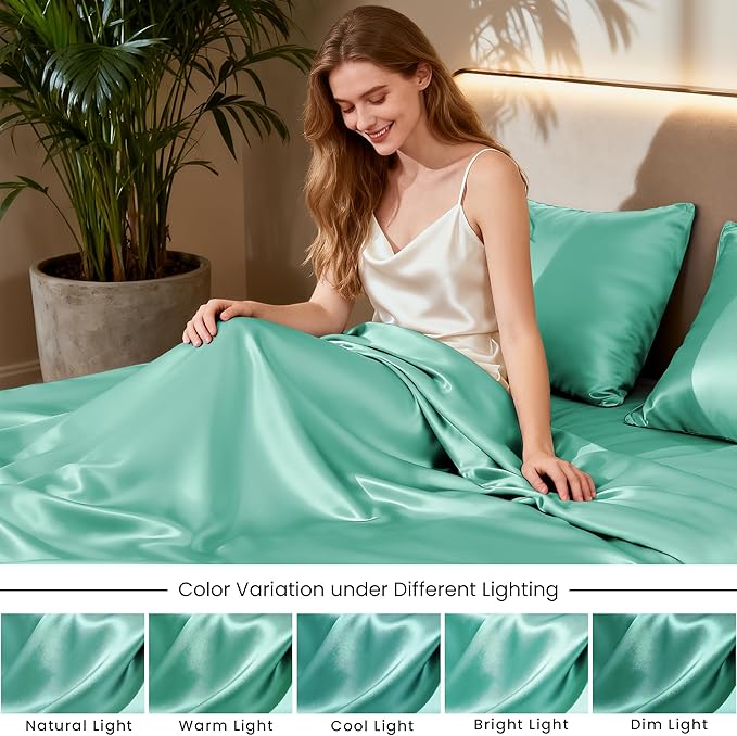 Love's cabin Full Satin Bed Linen Set, 4 Piece, Aqua, Silky Soft, Luxury Feeling, Wrinkle Resistant, Deep Pockets, Fitted & Flat Sheets, 2 Pillowcases