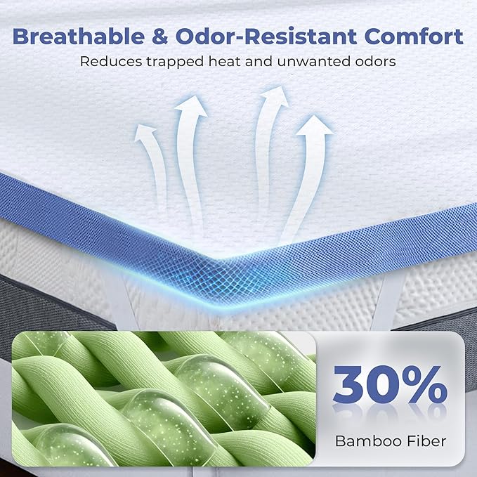 BDEUS 3 Inch Gel Memory Foam Mattress Topper King Size, Cooling Mattress Topper for Back Pain Relief, Non-Slip Design with Removable & Washable Soft Bamboo Cover.