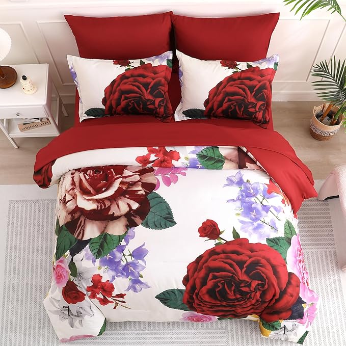 Drucon Red Comforter King Size 7 Pieces Valentine's Day Bedding Sets Bed in a Bag, Botanical Floral Comforter with Sheet Set, Soft Microfiber Bedding Set for All Season (Red, 104"x90")