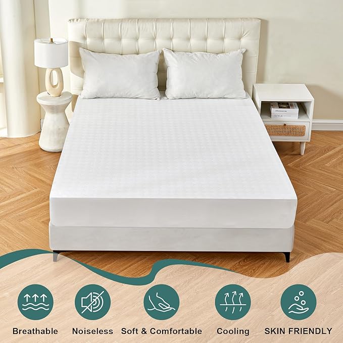 100% Waterproof Queen Mattress Protector, Breathable Cooling 3D Air Fabric Cover Soft Noiseless Bed Cover Machine Washable, Smooth Soft Mattress Cover with Deep Pocket Up to 18'' (White, 60'' X 80'')