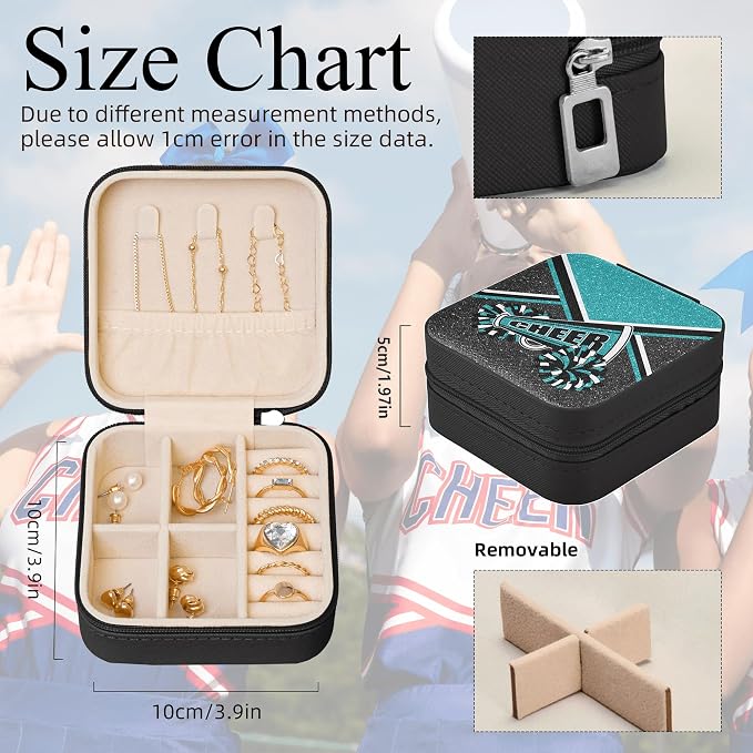 Cheerleader Travel Jewelry Case, Cheer Travel Jewelry Box for Women, Mini Jewelry Travel Case for Cheer Team, Cheerleader Gifts for Girls (Teal) - Image 2