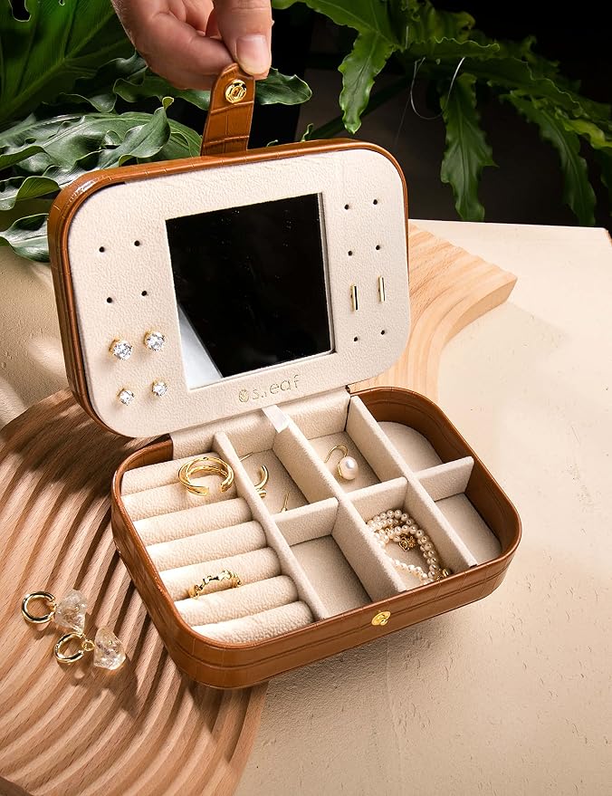 S.Leaf Travel Jewelry Organizer Boxes for Women Small Portable Necklace Earrings Bracelet Rings Travel Case Best Friend Birthday Gifts for Women Trendy (16_Crocodile_Brown_Big) - Image 3
