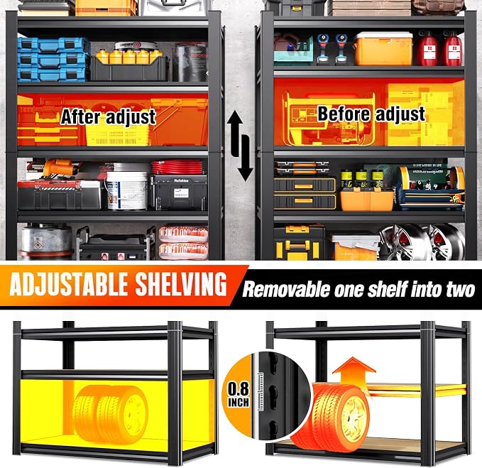 71.2"H Storage Shelves, 5 Tier Adjustable Wood Garage Shelving, Utility Tall Metal Shelving Unit, Easy to install Standing Garage Storage for Warehouse,Bedroom,Basement,31.5"W X 13.8"D X 71.2"H - Image 4