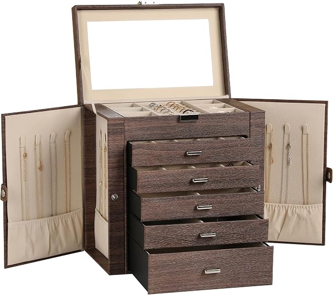 Frebeauty Large Jewelry Box,6-Tier PU Leather Jewelry Organizer,Multi-functional Storage Case with Mirror,Accessories Holder with 5 Drawers for Necklace Bracelets Watches(Tree Brown) by Frebeauty
