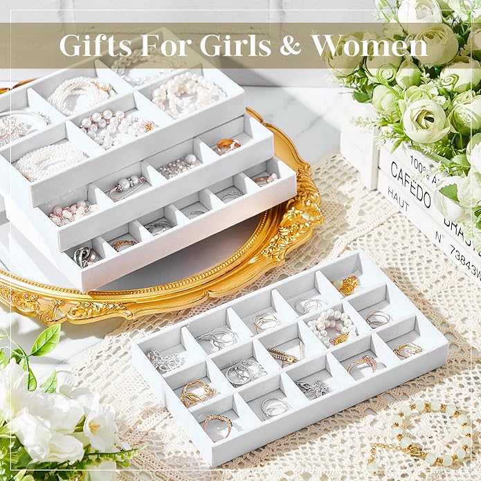 Junkin 12 Pcs Jewelry Tray Velvet Stackable Jewelry Organizer Trays Divided Earring Accessories Storage Containers Box (Rose Red) - Image 6