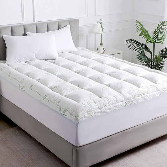 WhatsBedding Twin Mattress Topper, Soft Pillow Top Mattress Topper with Deep Pocket Fits 8–21 Inch,7D Spiral Fiber Filling, Bamboo Viscose Air Layer Mattress Topper Twin.