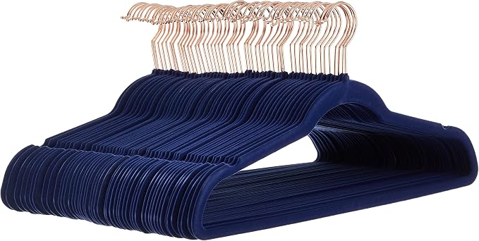 Amazon Basics Slim Velvet Non-Slip Space Saving Suit Clothes Hangers, Sturdy Construction, Navy Blue/Rose Gold, 50-Pack by AmazonBasics