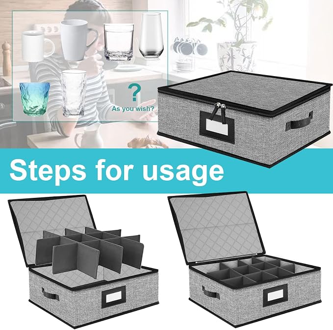 5 PACK China Storage Containers-Quilted Mug Storage and Moving Boxes for Dishes,Dish Packing Supplies for Moving,Dinnerware &Accessories,Holds a total of 48 plates (4 sizes) and 12 cups(Grey) - Image 7