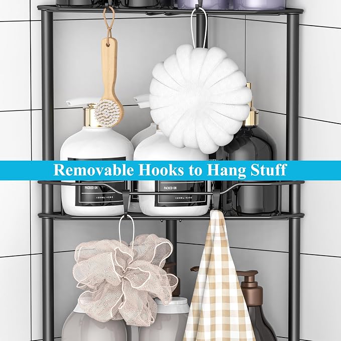 HuggieGems 4 Tier Floor Standing Corner Shower Caddy Organizer Shelf with Hooks, Bathroom Shelves Stand Rack, Matt Black - Image 5