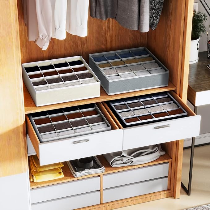 Joyoldelf Sock Drawer Organizer Divider Underwear Organizer 16-cell Fabric Dresser Drawer Organizers Storage Boxes for Socks Lingerie, Handkerchiefs, Ties 4 Pack (Blended-Grey) - Image 3