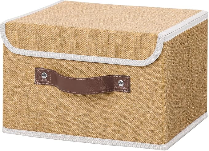 ANMINY Storage Bin with Lid Storage Boxes with PU Leather Handles PP Plastic Board Decorative Foldable Lidded Cotton Linen Fabric Home Cubes Baskets Closet Organizer Container - Khaki, Small Size by ANMINY