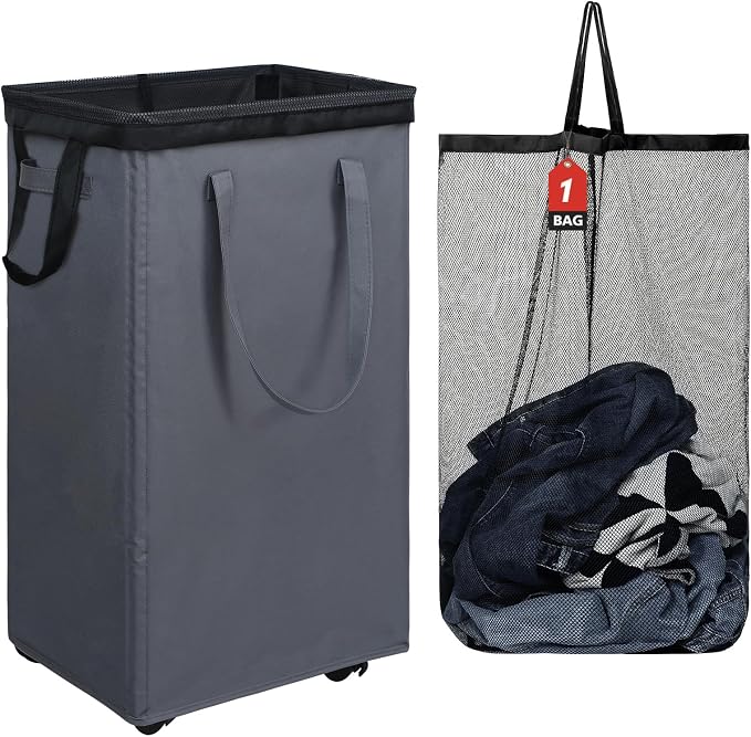 DOKEHOM 90L X-Large Laundry Basket with Removable Wash Bag on Wheels, Collapsible Rolling Laundry Hamper, Foldable Clothes Organizer, Folding Washing Bin (Grey) by DOKEHOM