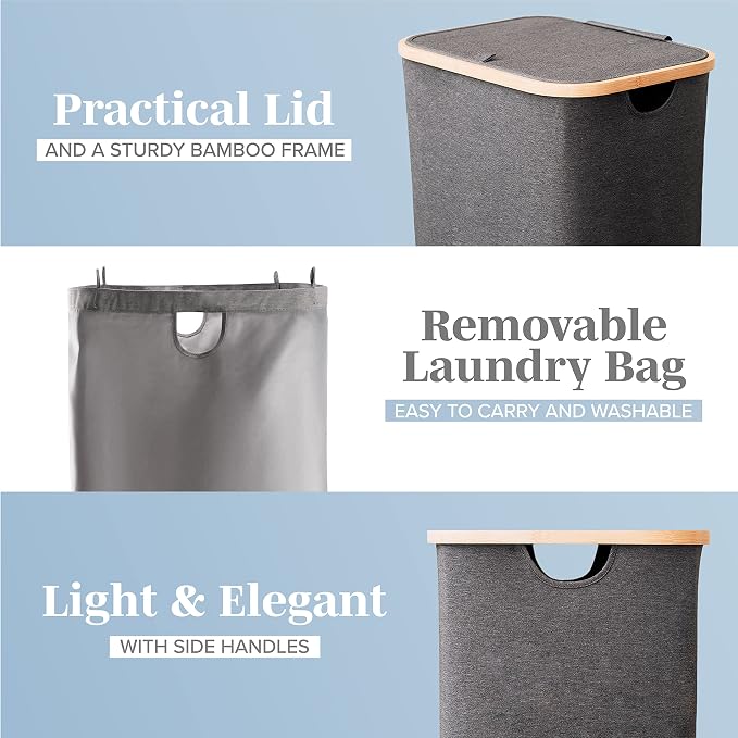 LONBET Laundry Basket with Lid, Made from Breathable Fabric | Aesthetic Clothes Hampers for Laundry with Side Handles & Sturdy Bamboo Frame (26 Gallons - Single, Gray) - Image 2