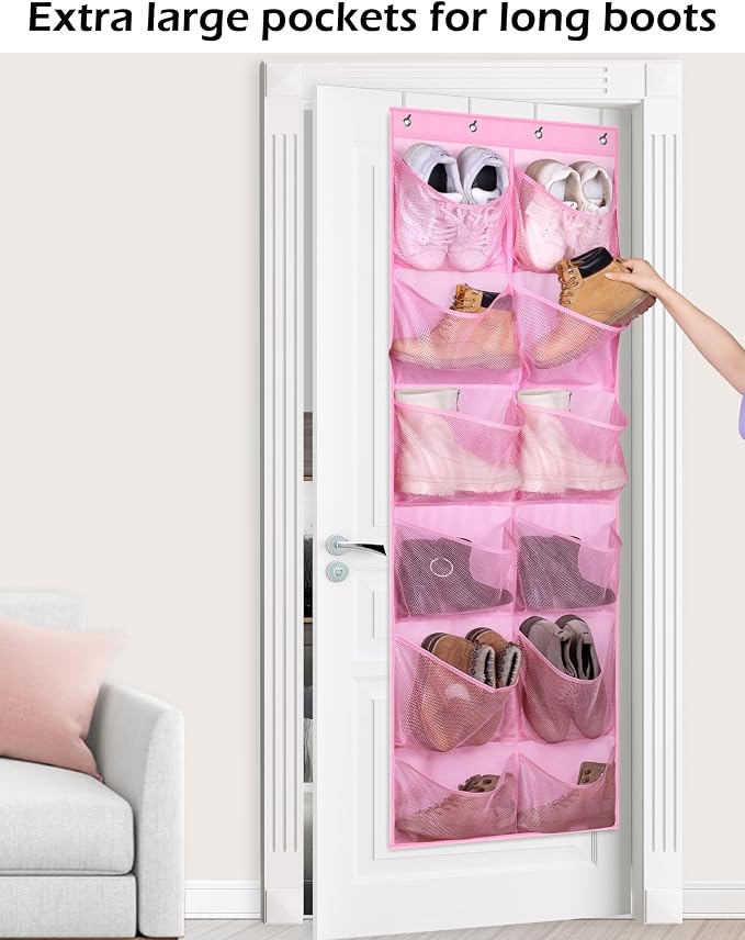 KIMBORA 12 Large Mesh Pockets Over the Door Shoe Organizer for Closet Hanging Shoe Rack for Door Sneaker Hanger Boot Storage for Kids, Baby, Toddler, Girl, Pink - Image 2