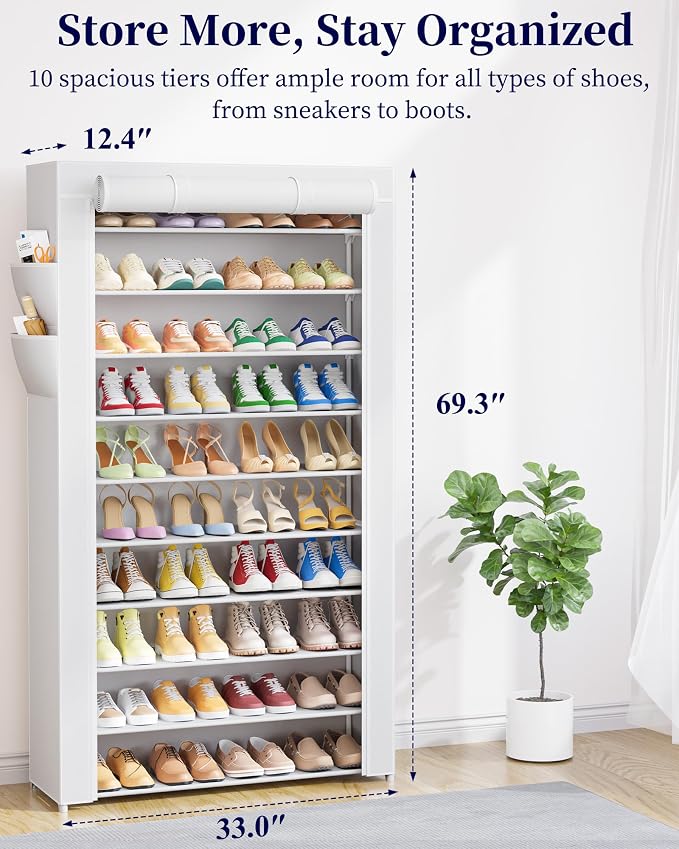 Kitsure Shoe Rack - 10-Tier Shoe Organizer with Zippered Dust Cover & Side Pockets, Easy to Assemble, Space Saving Shoe Rack for Closet, Entryway, Living Room, 33" x 12.4" x 69.3", White - Image 2