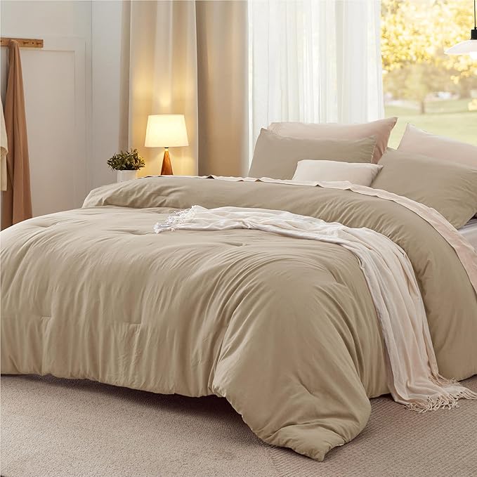 Bedsure Oversized Queen Comforter Set, Khaki Soft Prewashed Bedding for All Seasons, 3 Pieces GentleSoft™ Bed Set, 1 Lightweight Comforter (98"x98") and 2 Pillowcases (20"x26")