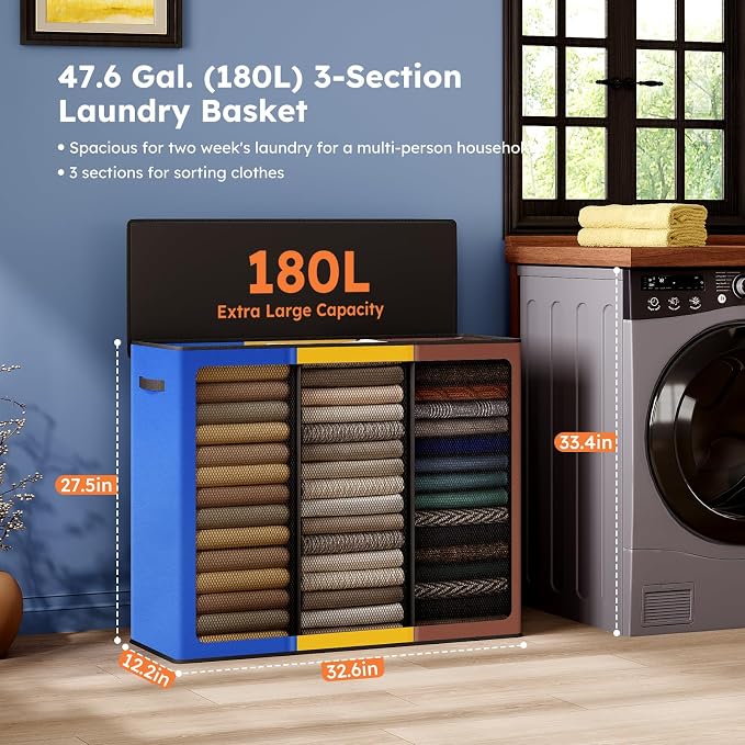 SOLEDI 180L Laundry Hamper 3 Section, Extra Large Laundry Hamper with Lid, Dirty Clothes Hamper with Sturdy Handle, Large Laundry Basket Organizer for Laundry Room, Bedroom, Hampers for Laundry - Image 2