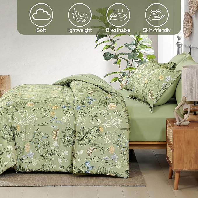Yiran Sage Green Floral Comforter Set King Size, 7 Piece Botanical Comforter Bedding Set, Farmhouse Bed in a Bag, Soft Microfiber Complete Bedding Set with Sheets for All Season
