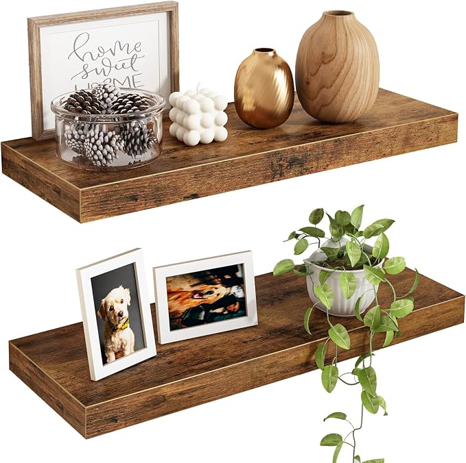 Fixwal Floating Shelves for Wall, 15.7" Wood Wall Mounted Shelves for Living Room, Bedroom, Bathroom and Kitchen, for Storage, Books, Room Decor (Rustic Brown, Set of 2) by Fixwal