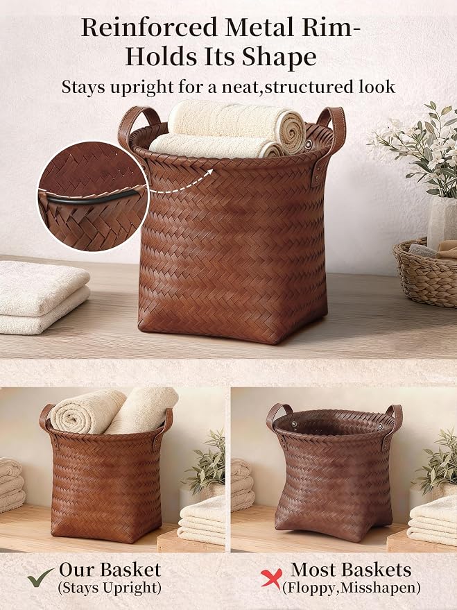 Hand Woven Baskets for Storage, 4Pcs Water-Resistant Wicker Baskets, Brown Wicker Storage Baskets for Shelves, Large Basket with Handle for Organizing, Closet, Laundry, Blanket - Round - Image 5