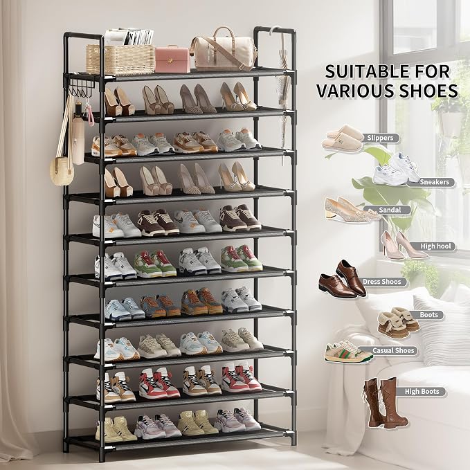 Shoe Rack, 10 Tier Shoe Storage Organizer with Hooks,Fit 40-45 Pairs Shoes,Nonwoven Fabric Tall Shoe Shelf for Closet,Entryway, Hallway,Garage,Bedroom,Cloakroom - Image 6