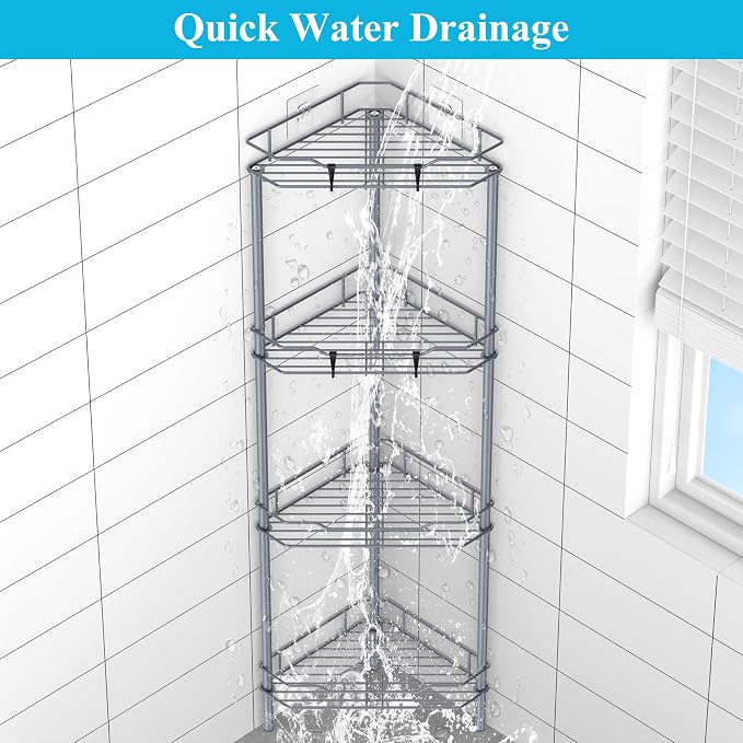 HuggieGems 4 Tier Floor Standing Corner Shower Caddy Organizer Shelf with Hooks, Bathroom Shelves Stand Rack, Dark Gray - Image 6