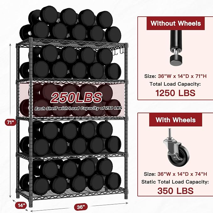 PrimeZone 74''H Wire Shelving 1250lbs 5 Tier Storage Shelves with Wheels NSF Certified Heavy Duty Steel Metal Shelf Adjustable Rolling Rack Kitchen Garage Closet Pantry Laundry 74''HX36''WX14''D - Image 3