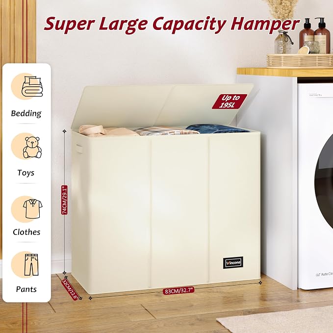 195L Laundry Hamper 3 Section,Large Laundry Hamper with Lid,Dirty Clothes Hamper with 3 Inner Bags,Collapsible Laundry Basket Organizer for Laundry Room,Bedroom,Laundry Sorter Hamper 3 Compartment - Image 2