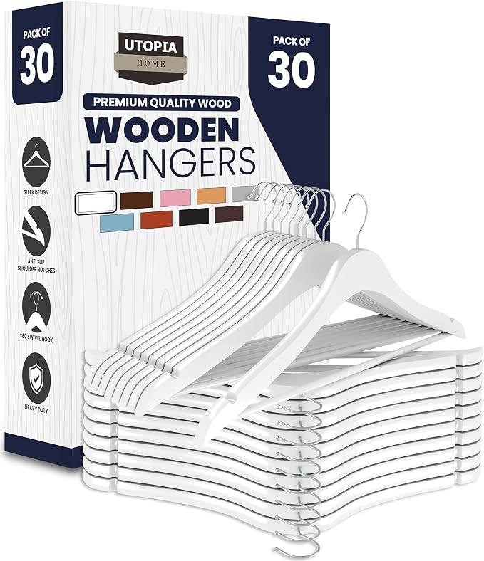 Utopia Home Premium Wooden Hangers 30 Pack - Durable & Slim Coat Hanger - Suit Hangers with 360-Degree Rotatable Hook - Wood Hangers with Shoulder Grooves (White Color) by UTOPIAHOME