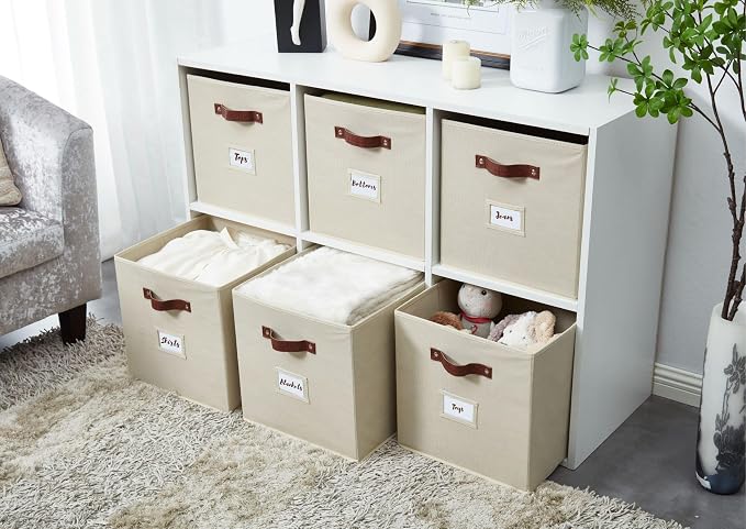 DECOMOMO Storage Bins, Cube Storage Bin with Labels, Fabric Storage Cubes for Shelves (10.5" x 11" / 6pcs, Beige) - Image 9