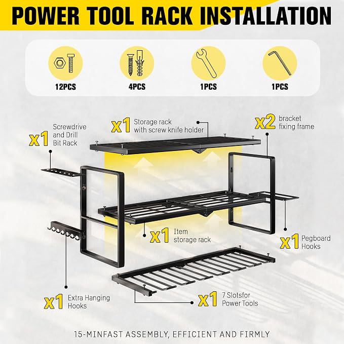 Hipidian Fathers Day Dad Gifts for Men, Power Tool Organizer Wall Mount- 300lb Capacity 3-Tier Storage Rack with 7 Drill Holders for Garage Tools, Best Birthday Gifts for Men Dad Husband - Image 2