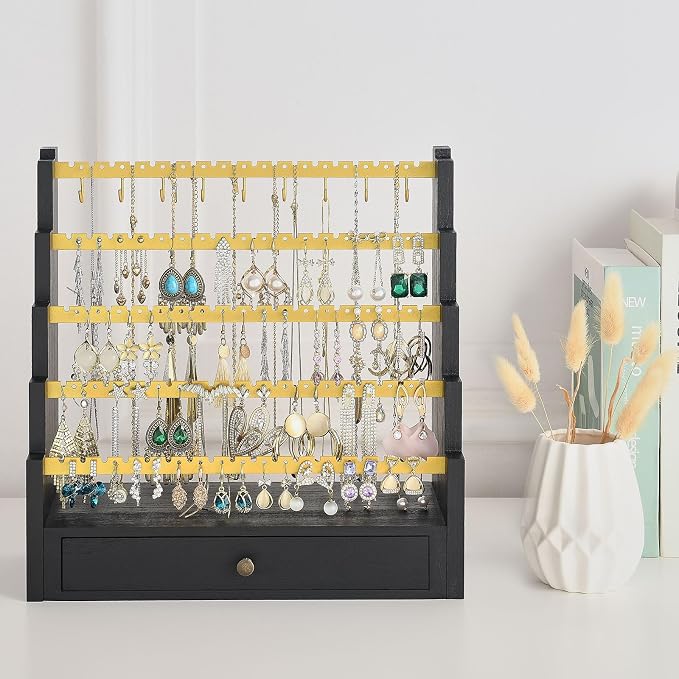 Pinzoveco Earring Organizer, 5 Layer Earring Holder Organizer with Metal Necklace Holder Pole, Rustic Wood Jewelry Organizer Stand Display for Stud Earring Bracelet Necklace Ring, 175 Earring Holes - Image 7