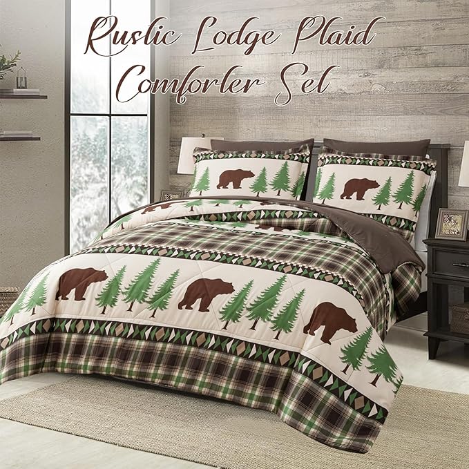 Comforter Set King Size Rustic Bear Comforter Bedding-7 Piece Bed in a Bag, Soft Fluffy Reversible Microfiber Bedding Set(1 Comforter,1 Flat Sheet,1 Fitted Sheet,2 Pillowcases,2 Pillow Shams),Green