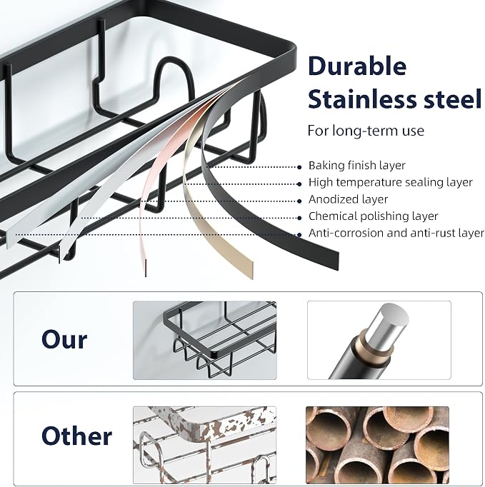Shower Caddy Organizer with Hooks,Self Adhesive Bathroom Shelves,No Drilling Bathroom Organizers and Storage,Perfect for RV, Apartment, Home Decor,Black 4PCS - Image 6