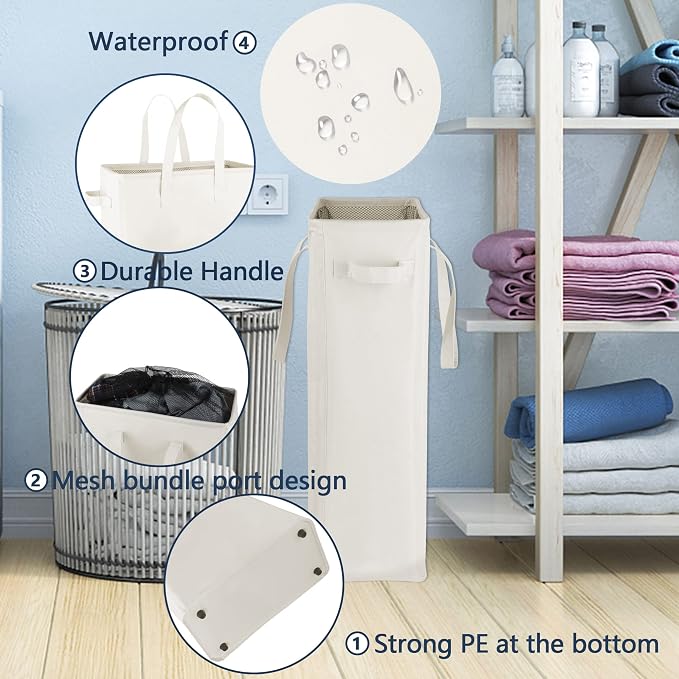 Odonata Slim Laundry Hamper Handles Collapsible Laundry Basket Thin Dirty Clothes Basket Narrow Laundry Bag Foldable Dirty Hamper 45L (Beige) - Image 5