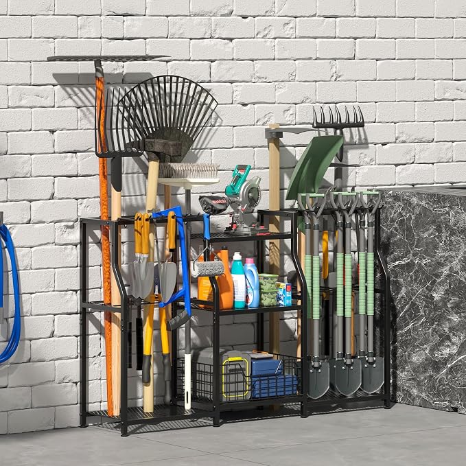 keomaisyto Garden Tool Organizer, Heavy Duty Yard Tool Tower Rack for Garage Organization and Storage, 3 Tier Utility Garden Tool Rack with hooks for Garden/Shed/Garage/Yard/Basement/Lawn - Image 7